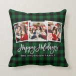 Modern Brush Script 3 Photo Holidays Green Plaid Throw Pillow<br><div class="desc">Modern Brush Script 3 Photo Happy Holidays Green Plaid Pillow</div>