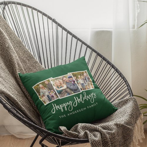 Modern Brush Script 3 Photo Holidays Green Throw Pillow