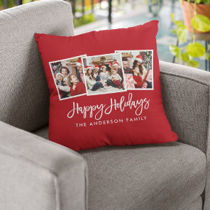 Modern Brush Script 3 Photo Holidays Red Throw Pillow