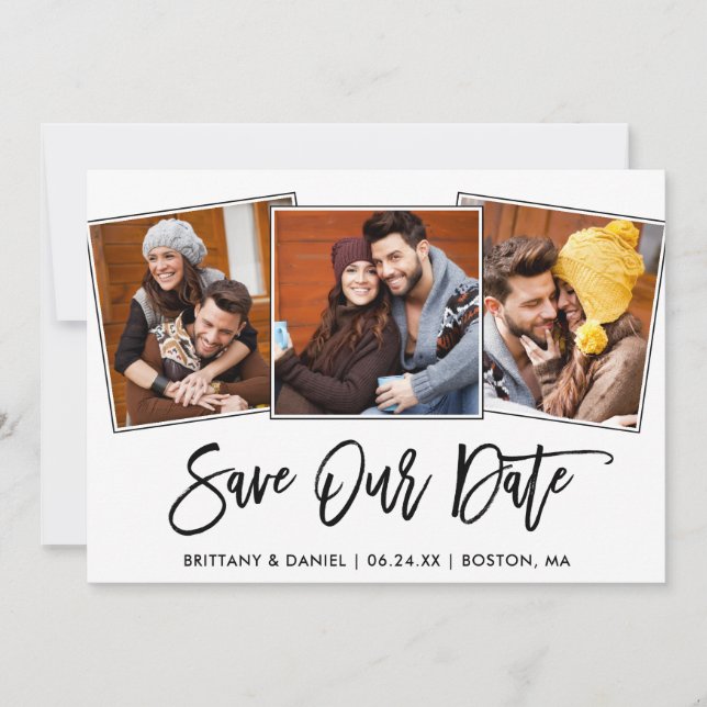 Modern Brush Script 3 Photo Save Our Date Card (Front)