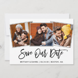 Modern Brush Script 3 Photo Save Our Date Card