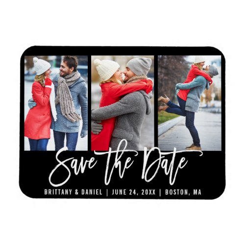 Modern Brush Script 3 Photo Save The Date Blk Magnet