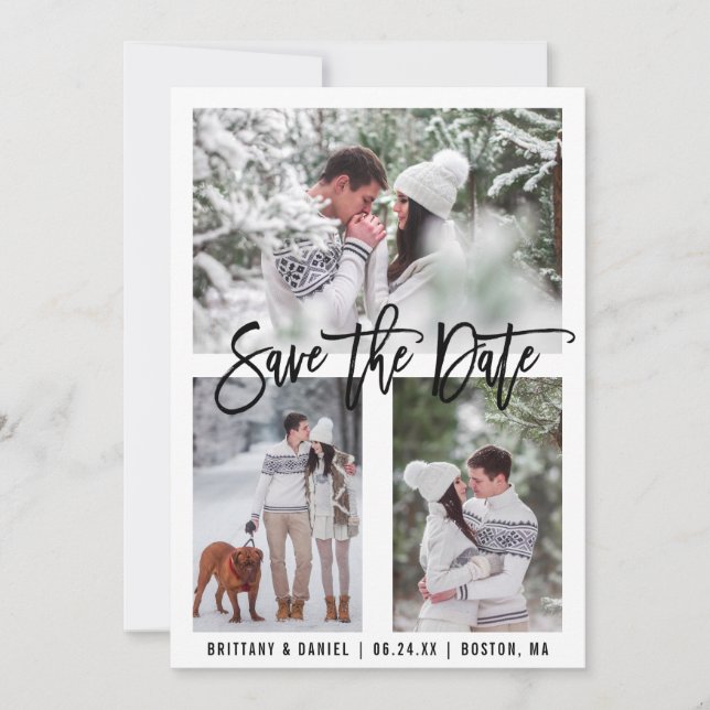 Modern Brush Script 3 Photo Save The Date Card (Front)