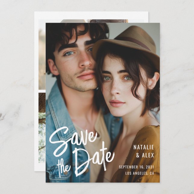 Modern Brush Script 3 Photo Wedding Save the Date Invitation (Front/Back)