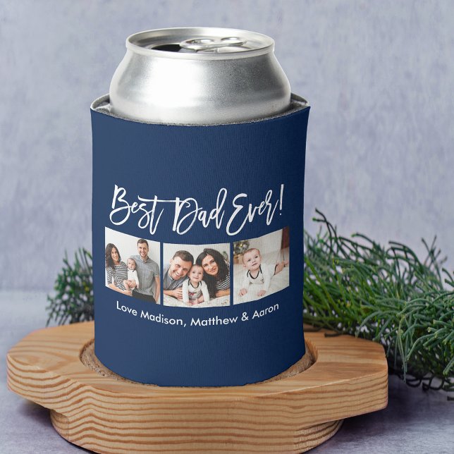 Modern Brush Script 3 Photos Best Dad Ever Blue Can Cooler (Customize to change your personalized text size or text style.)