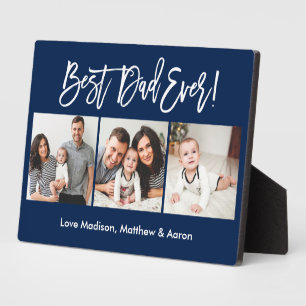 Modern Brush Script 3 Photos Best Dad Ever Blue Plaque