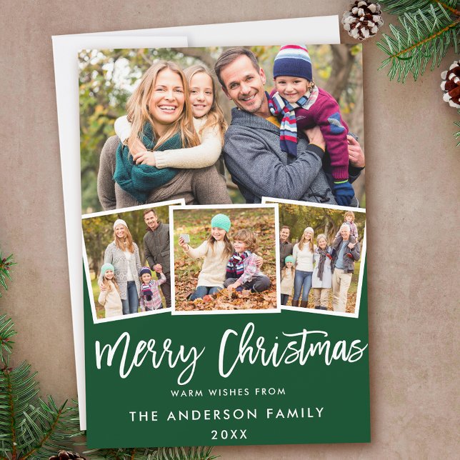 Modern Brush Script 4 Photo Christmas Green Holiday Card (Customize to add text to back of card.)