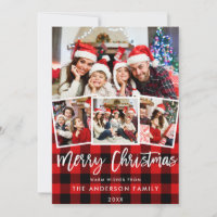 Modern Brush Script 4 Photo Christmas Red Plaid Holiday Card