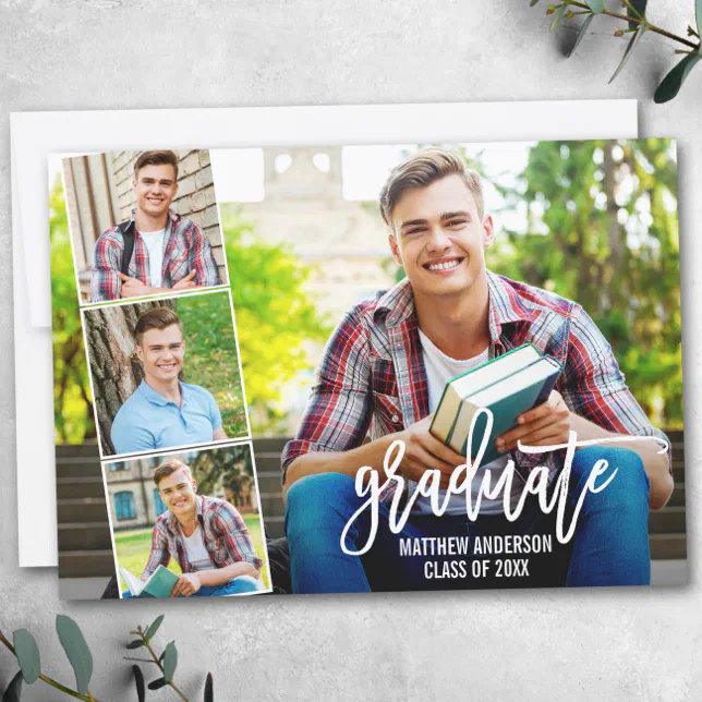 Modern Brush Script 4 Photo Collage Graduation Announcement 