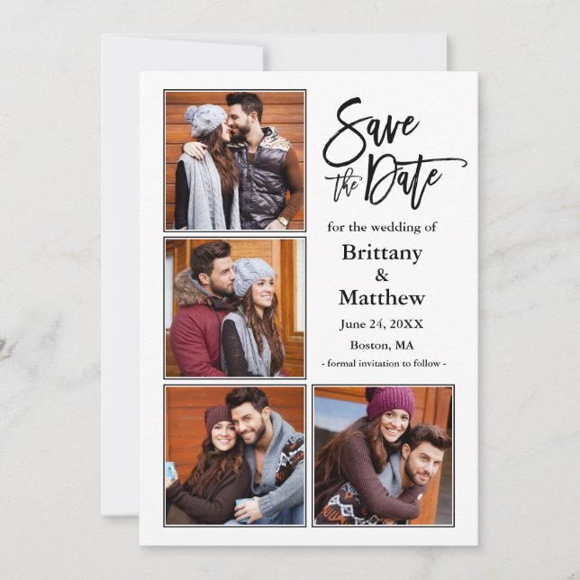Modern Brush Script 4 Photo Couple Engagement Save The Date (Front)