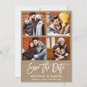 Modern Brush Script 4 Photo Couple Kraft Save The Date