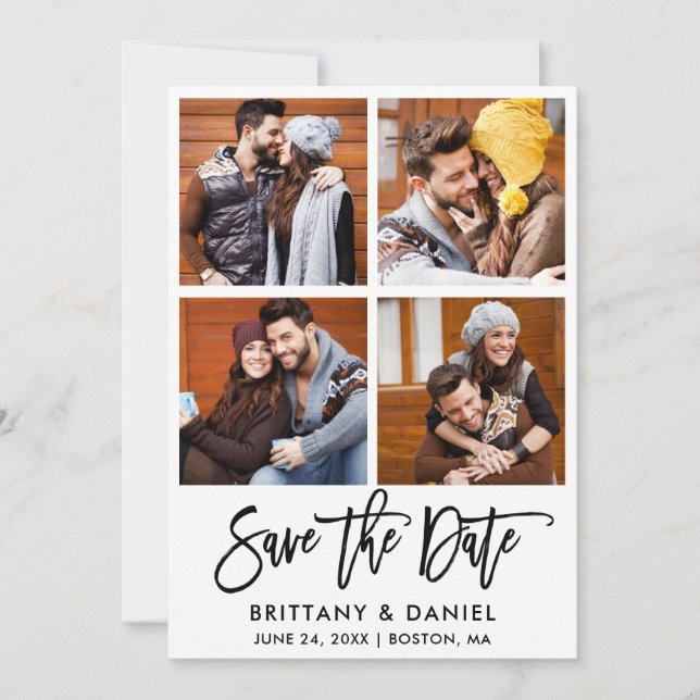 Modern Brush Script 4 Photo Couple Save The Date (Front)