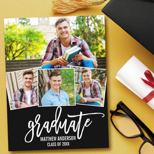 Modern Brush Script 4 Photo Graduation Party Invitation Postcard