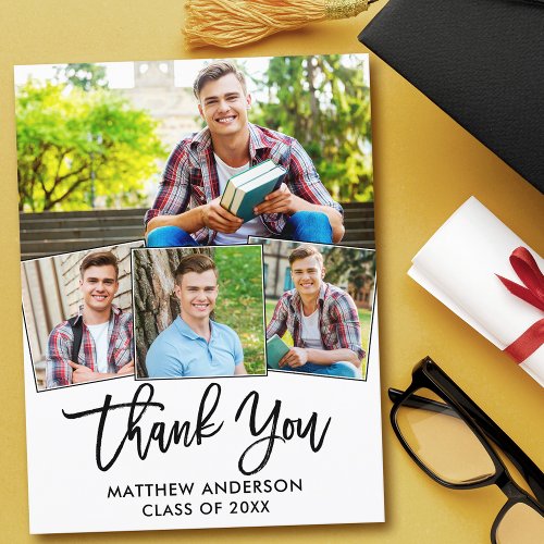 Modern Brush Script 4 Photo Graduation Thank You Postcard