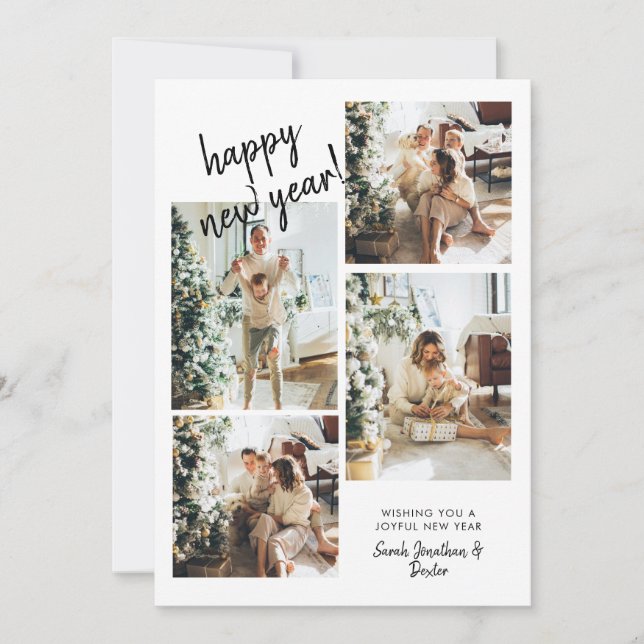 Modern Brush Script 4 Photo Happy New Year Holiday Card (Front)