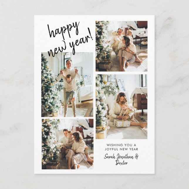 Modern Brush Script 4 Photo Happy New Year Postcard (Front)