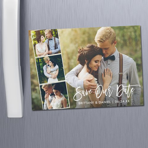 Modern Brush Script 4 Photo Magnetic Save Our Date