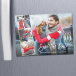 Modern Brush Script 4 Photo Magnetic Save The Date<br><div class="desc">Modern Brush Script Save The Date Engagement Couple 4 Photo Magnet Card - White Script</div>