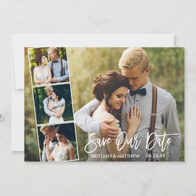 Modern Brush Script 4 Photo Save Our Date Card (Front)
