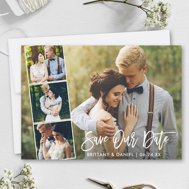 Modern Brush Script 4 Photo Save Our Date Card (Customize to change your personalized text size, style or to add more text & photos to back of card.)