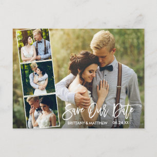 Modern Brush Script 4 Photo Save Our Date Postcard