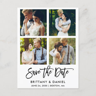 Modern Brush Script 4 Photo Save The Date Postcard