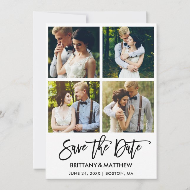 Modern Brush Script 4 Photos Save The Date (Front)