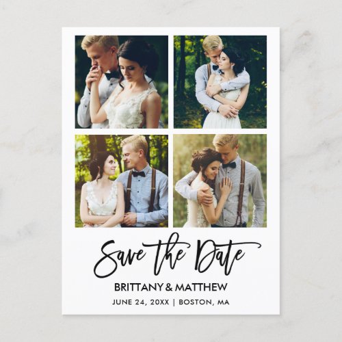 Modern Brush Script 4 Photos Save The Date Postcard