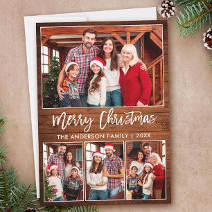 Modern Brush Script 4 Photos Wood Merry Christmas Holiday Card