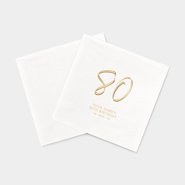 Modern Brush Script 80th Birthday Party Foil Napkins (Back)