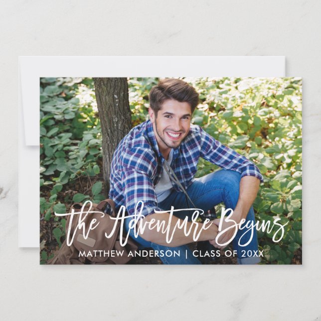 Modern Brush Script Adventure Begins Graduation Announcement (Front)