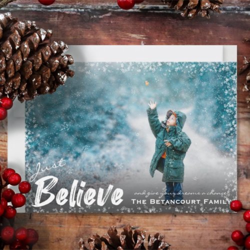Modern Brush Script Believe  Snow Photo Christmas Holiday Card