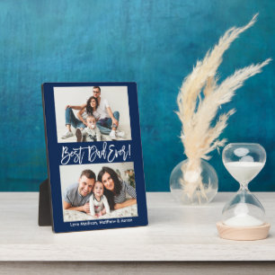 Modern Brush Script Best Dad Ever 2 Photo Blue Plaque