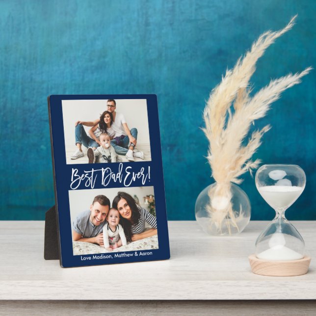 Modern Brush Script Best Dad Ever 2 Photo Blue Plaque (Side)