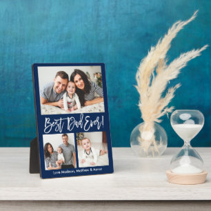 Modern Brush Script Best Dad Ever 3 Photo Blue Plaque