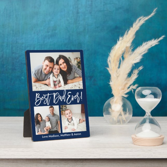 Modern Brush Script Best Dad Ever 3 Photo Blue Plaque (Side)