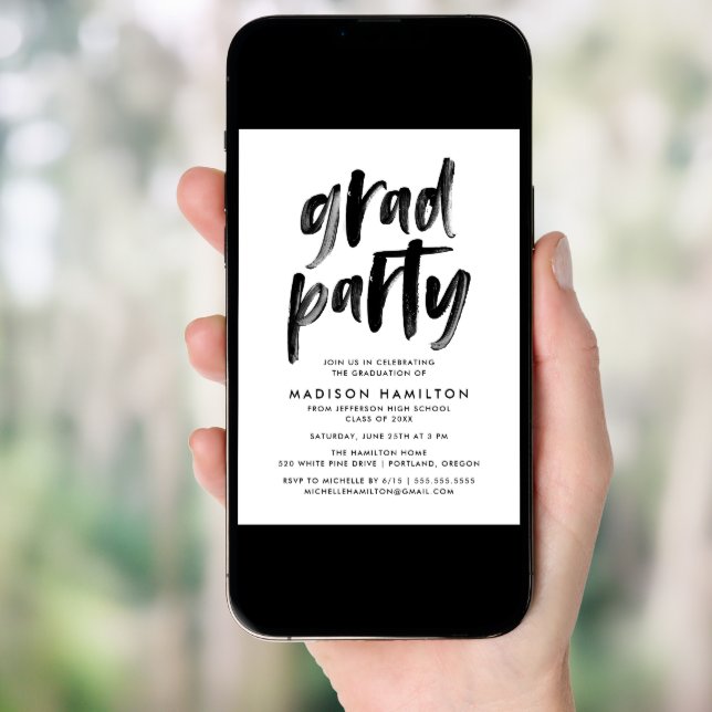Modern Brush Script Black and White Grad Party Invitation (Front Digital)