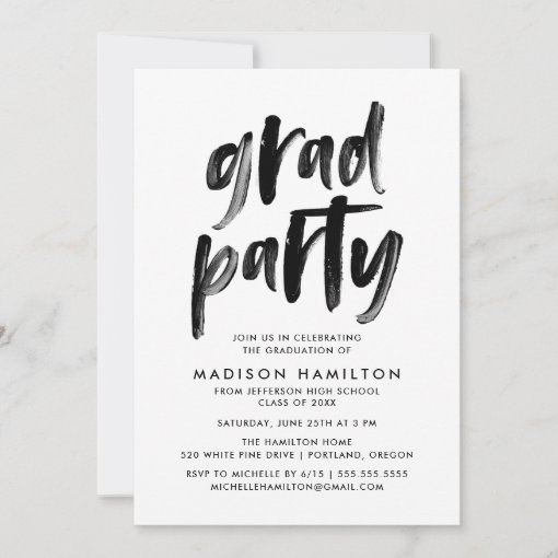 Modern Brush Script Black and White Grad Party Invitation | Zazzle