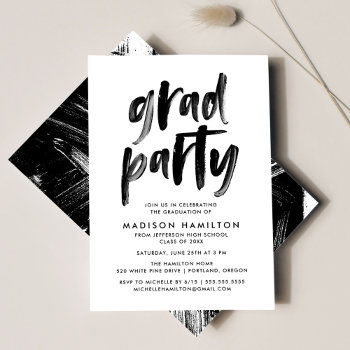 Modern Brush Script Black And White Grad Party Invitation by latebloom at Zazzle