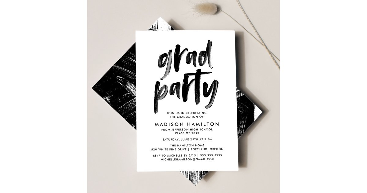 Grad Party Invite Script Modern Brush Script Black and White Grad Party Invitation | Zazzle