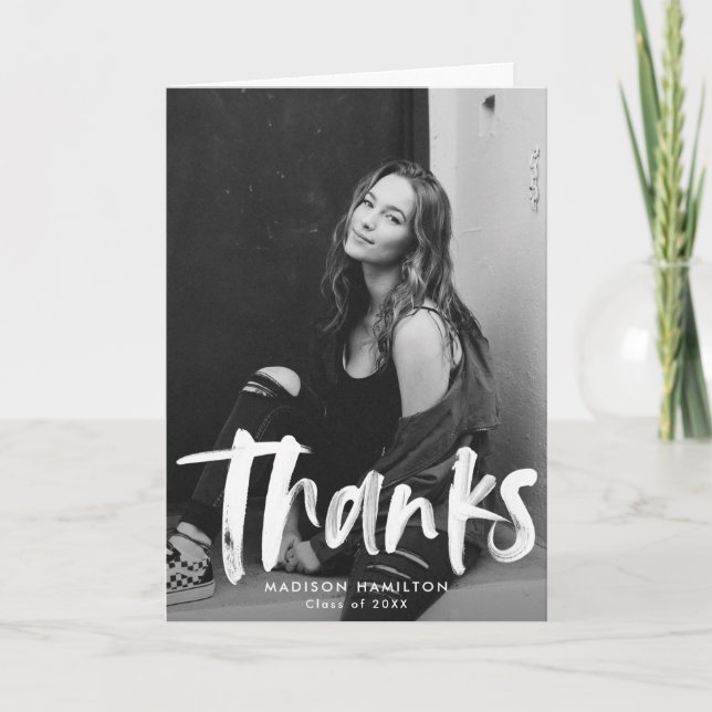 Modern Brush Script Black Photo Graduation Letterpress Thank You Card (Front)