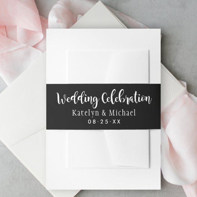 Modern Brush Script Black Wedding Monogram Invitation Belly Band (Creator Uploaded)