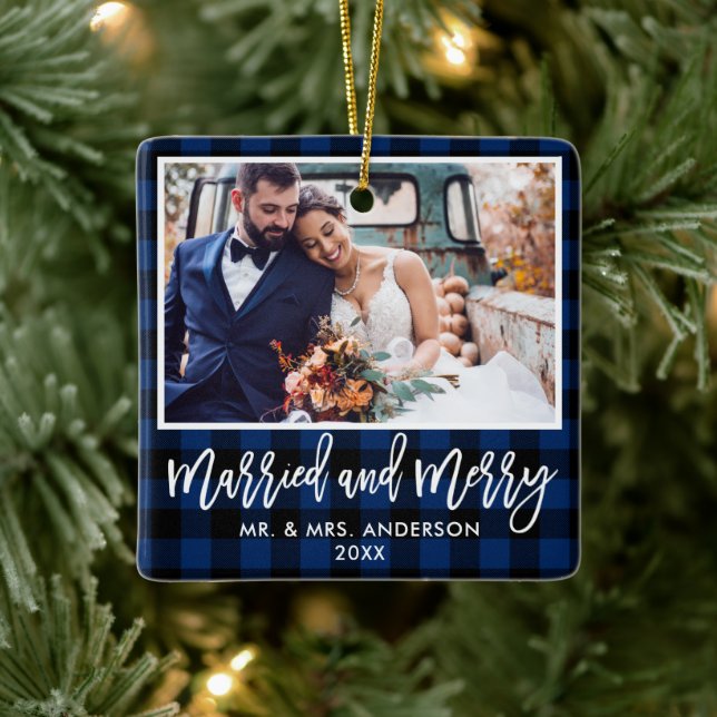 Modern Brush Script Blue Plaid Married and Merry Ceramic Ornament (Tree)