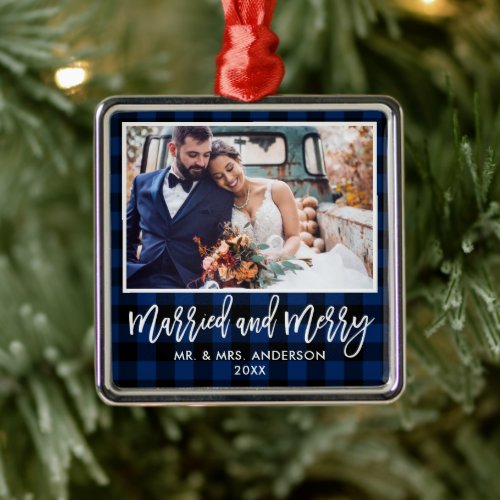 Modern Brush Script Blue Plaid Married and Merry Metal Ornament