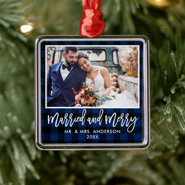 Modern Brush Script Blue Plaid Married and Merry Metal Ornament (Tree)
