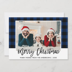 Modern Brush Script Blue Plaid Photo Christmas Holiday Card