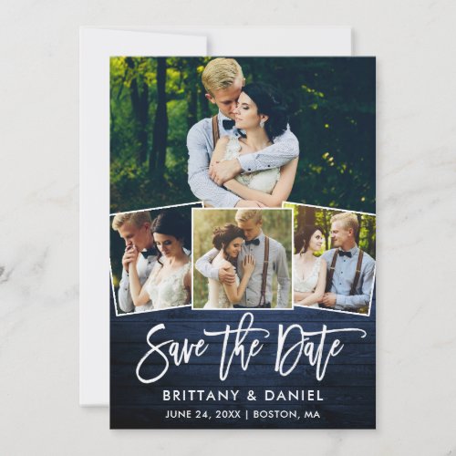 Modern Brush Script Blue Wood 4 Photo Couple Save The Date