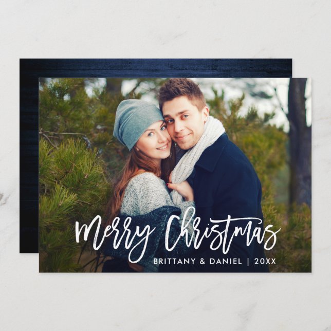 Modern Brush Script Blue Wood Christmas Card (Front/Back)
