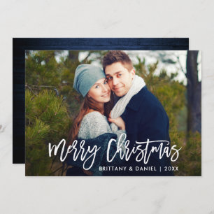 Modern Brush Script Blue Wood Christmas Card