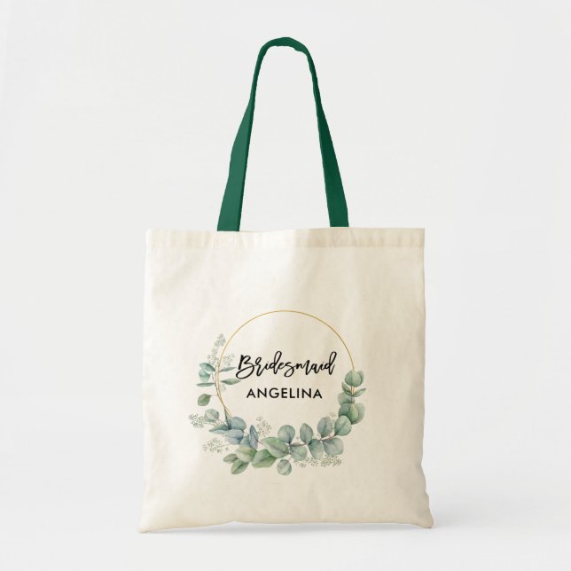 Modern Brush Script Botanical Greenery Bridesmaid Tote Bag (Front)